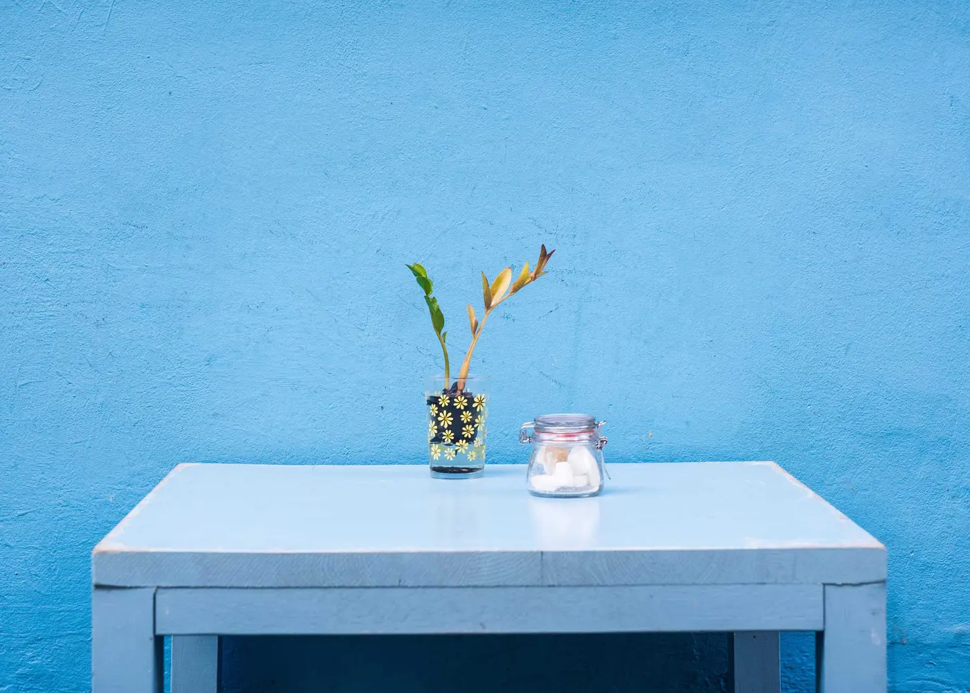 A clean, light-blue room